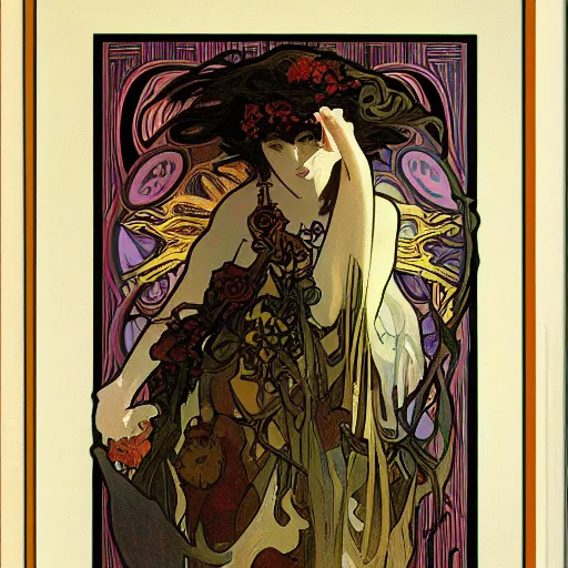 Image similar to mysterious figure, Alphonse Mucha, james jean