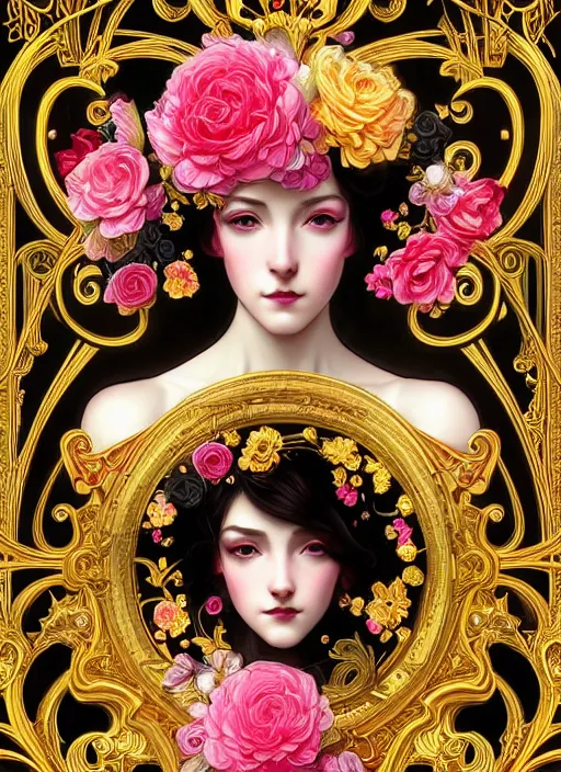 Image similar to beautiful black pink yellow, complicated gold and pink flowers in baroque style headwears, dark fantasy, intricate, elegant, highly detailed, digital painting, artstation, concept art, matte, 3 d 8 k octane rendered, sharp focus, illustration, octane rendered, art by artgerm and alphonse mucha, leesha hannigan