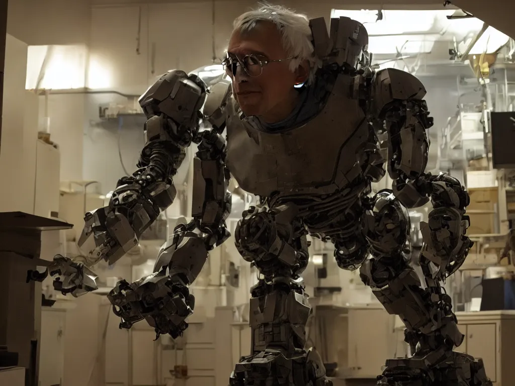 Image similar to bernie sanders building a scifi armored doomsday robot, cinematic moody lighting, sharp focus, dirty laboratory, imax