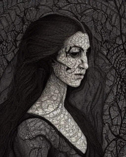 Image similar to a woman's face in profile, long flowing hair entwined in intricate decorative lace leaf skeleton, in the style of the dutch masters and gregory crewdson, dark and moody