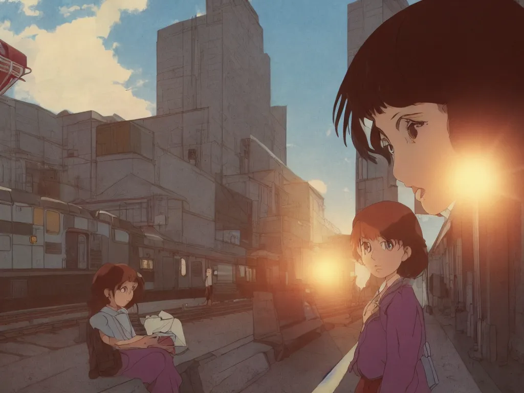 Prompt: portrait of a lone girl waiting for the train, 70s, defined facial features, stanley kubrick the shinning, vibrant colors americana, cinematic, volumetric lighting, god rays, sunset, realistic, photorealism, highly detailed, digital art, illustration, screenshot from the anime by studio ghibli