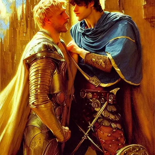 Image similar to handsome arthur pendragon in love with handsome merlin the mage. merlin is also in love with arthur. highly detailed painting by gaston bussiere, craig mullins, j. c. leyendecker