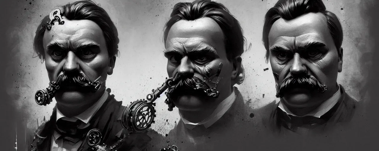 Image similar to duotone dark concept illustration 3 / 4 portrait of friedrich nietzsche with marvel thor hammer as steampunk cyborg smoke all around. highly detailed mechanism cinematic volumetric ghastly lighting. by sachin teng and sergey kolesov and ruan jia and heng z. graffiti art, scifi, fantasy, hyper detailed. octane render. concept art. trending on artstation