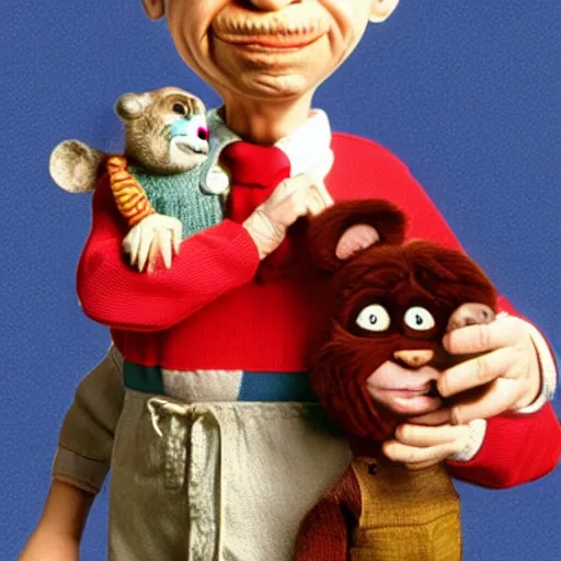 Image similar to photorealistic Mr. Rogers holding the Chucky doll from the movie Child's Play