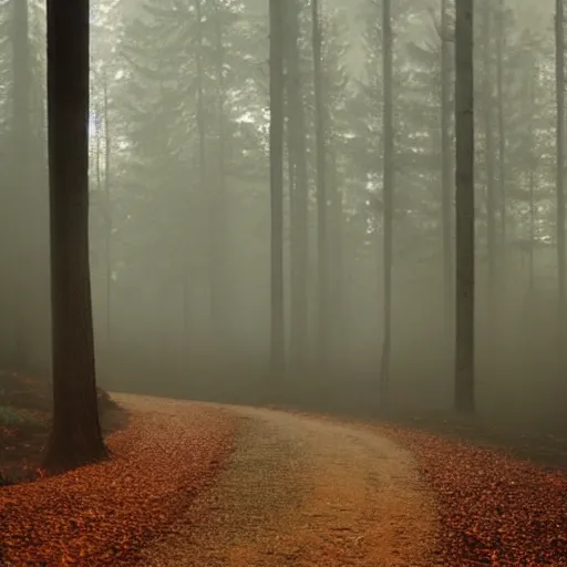 Image similar to forrest, mist, evening, dramatic shadows