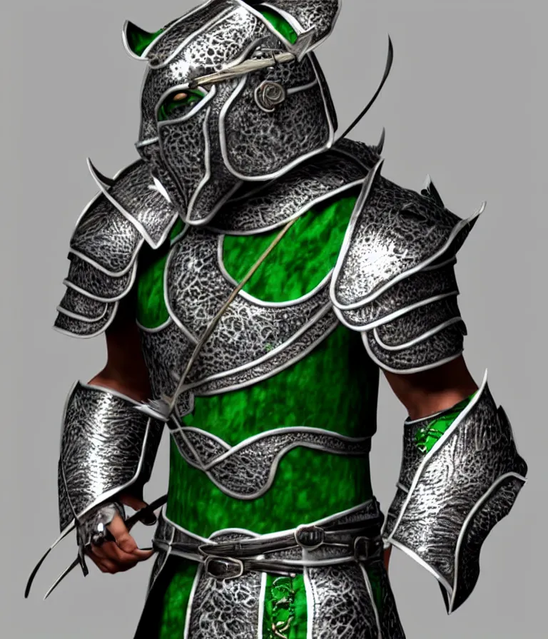 Prompt: 8 k ultrarealistic character concept of a tiger knight in silver armor and jade leather