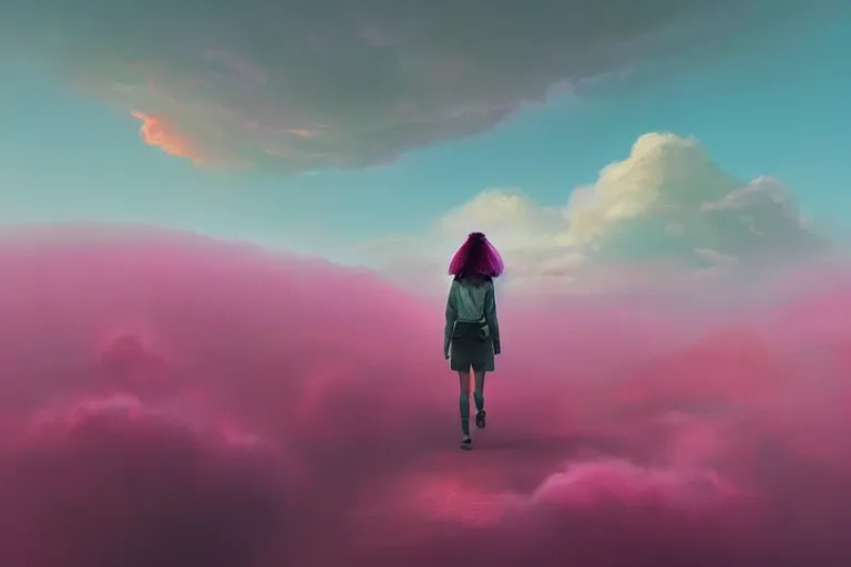 Prompt: giant dahlia flower on face, girl walking on mountain, surreal photography, pink storm clouds, dramatic light, impressionist painting, digital painting, artstation, simon stalenhag