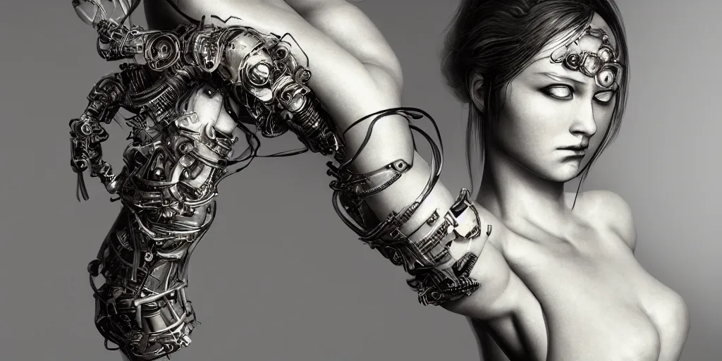 Prompt: hyper realistic photography of a stunningly beautiful cyborg female, plated arm, intimate, holding close, ribbon, in the style of beth cavener, jin kagetsu,, and wlop, highly detailed, intricate filigree, symmetry, masterpiece, award winning, sharp focus, concept art, highkey lighting, ambient lighting, octane render, 8 k, artstation