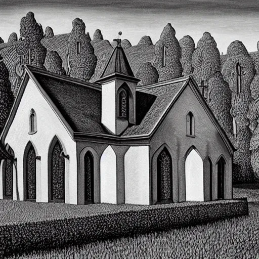 Image similar to Hyperrealism traditional austian church in a vineyard, painting by MC Escher