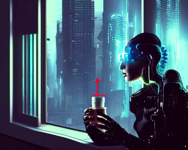 Image similar to a terminator cyborg lady with borg implants and optical fibers is drinking coffee near a window with dystopian city visible outside. very detailed 8 k. horror cyberpunk style.