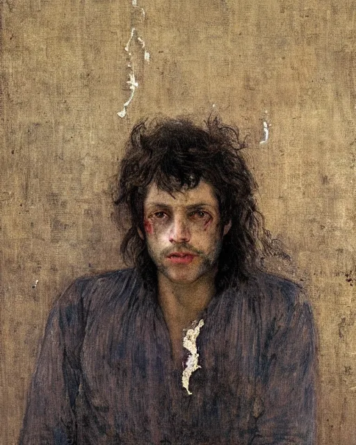 Image similar to a handsome but creepy man in layers of fear, with haunted eyes and wild hair, 1 9 7 0 s, seventies, wallpaper, a little blood, moonlight showing injuries, delicate embellishments, painterly, offset printing technique, by, jules bastien - lepage