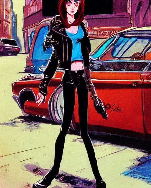 Image similar to young female protagonist in leather jacket, city street, artwork by ralph bakshi