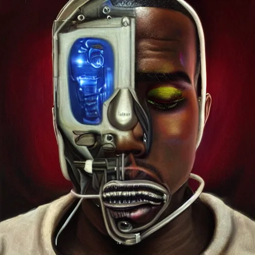 Image similar to a realistic oil painting of a cybernetic kanye west cyborg, surrealism portrait, post apocalyptic album cover