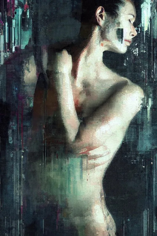 Image similar to a beautiful glitched painting by christian hook of a woman in a bathroom, brushstrokes by jeremy mann, still life, dark colors