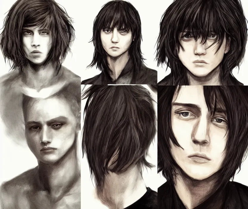 Image similar to headshot and upper bodyshot of a handsome yet boyish androgynous man with short to medium length stringly dark hair and long bangs covering one of his eyes, very nostalgic, very melancholic, dramatic angle, rotoscoped, rotoscope, photoshop, photomanipulation, realism, painting, illustration and sketch, weird scribbles, hybrid styles, hybrid art styles, mismatched, trending on artstation, trending on deviantart, weird, quirky, interesting, very detailed, highly detailed, HD Quality, 4k resolution, 8k resolution, in the style of David Firth, in the style of James Lee, in the style of Drue Langlois,