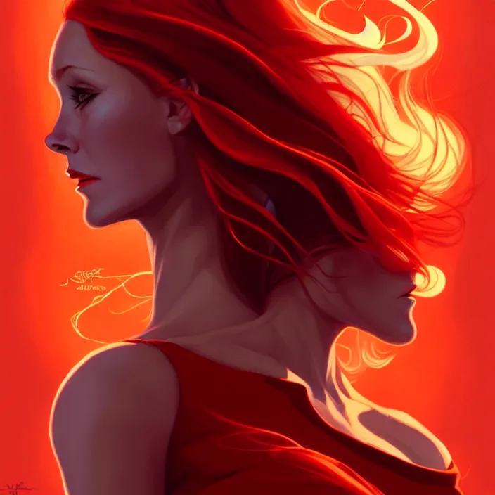 Image similar to style artgerm, joshua middleton, gerald brom, beautiful kristen bell with dark red dress, very long orange hair, symmetrical face, symmetrical eyes, fire powers fire swirling, detailed, volcano setting, cinematic lighting