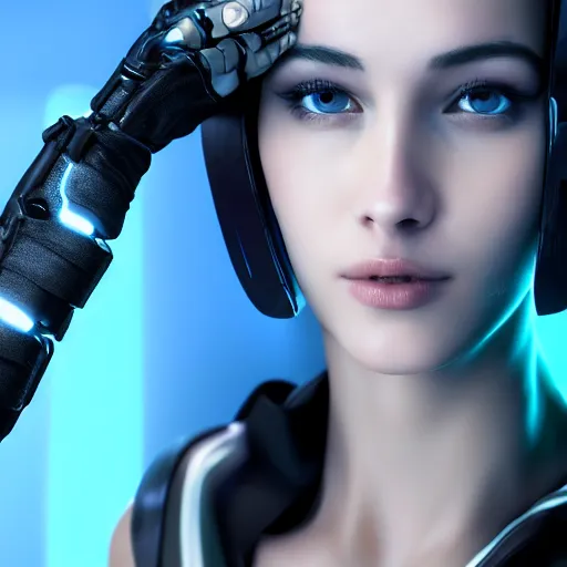 Image similar to young attractive woman, ultrarealistic face, cyberpunk, beautiful body, high detail, realistic cyber arm, closeup 4k