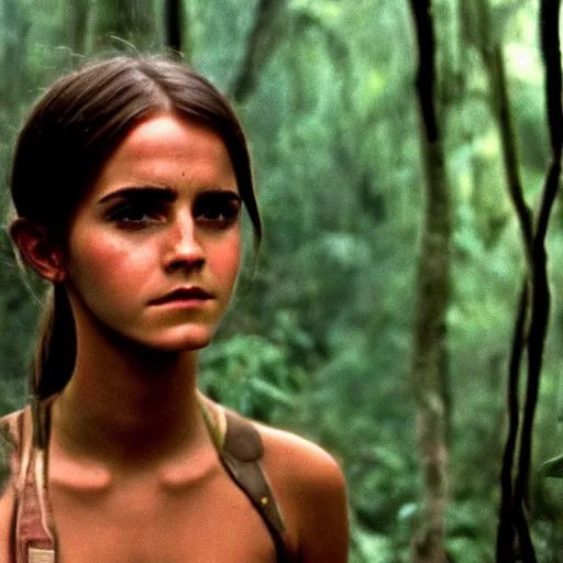 Image similar to film still, close up, portrait, emma watson soldier hiking through dense vietnam jungle, film still from apocalypse now ( 1 9 7 9 ), 2 6 mm, kodak ektachrome, blue tint ektachrome film,