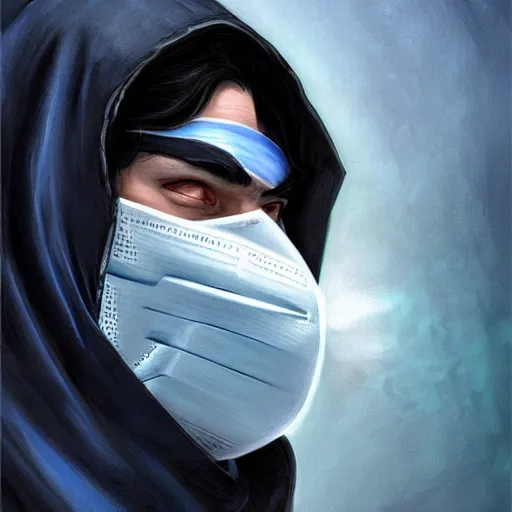 Image similar to ultra realistic illustration, man with black hair with a black medical mask, in a hood in the form of a blue shark with white teeth, red and blue eyes, mysterious, poker man, highly detailed, digital painting, artstation, concept art, smooth, sharp focus, illustration, art by artgerm and greg rutkowski and alphonse mucha