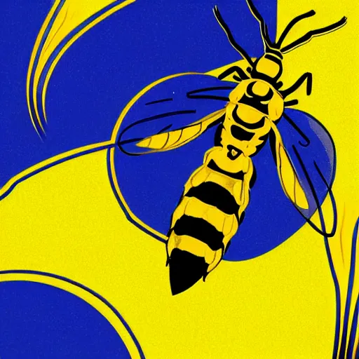 Prompt: man that resembles a wasp morh in surreal sketch style, blue and yellow gradient, noise, ultrafine detail, hd 8k, logo illustration