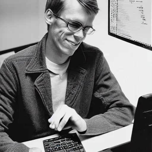 Image similar to a portrait John Carmack winking seductively while writing code on an office computer. Vintage photography.