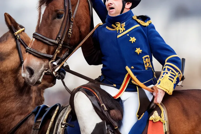 Image similar to closeup portrait of emmanuel macron dressed as napoleon riding a tiny miniature horse, natural light, sharp, detailed face, magazine, press, photo, steve mccurry, david lazar, canon, nikon, focus