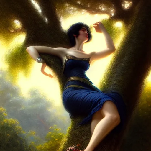 Prompt: portrait of a strong woman resting on a large tree, short black hair, thoughtful experssion, slender dark blue clothing, bare legs sharp focus, ultra realistic digital painting, colorful, cinematic lighting, high fantasy, intricate, highly detailed, smooth, elegant, gaston bussiere, bayard wu, greg rutkowski