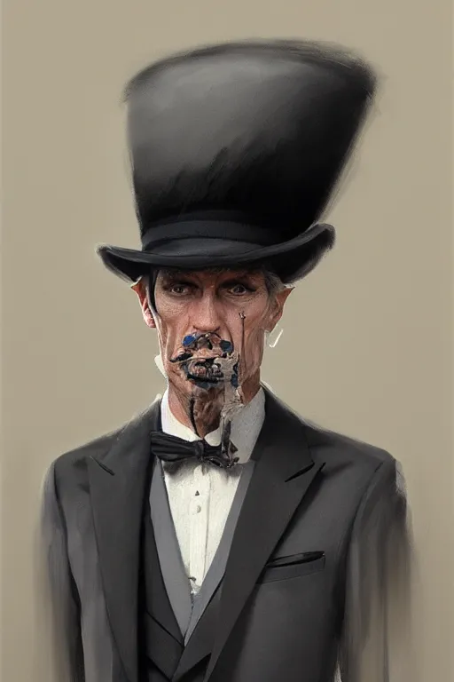 Image similar to a grey hair man with stubble top hat and suit by Greg Rutkowski, painting, portrait, high details, trending on artstation