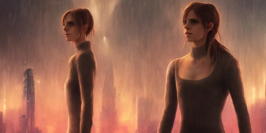 Image similar to a girl from final fantasy live action, movie still of emma watson, blade runner 2 0 4 9, evocative, mystical night, very very very very detailed, award winning, masterpiece digital painting by greg rutkowski, alex grey, artstation, 4 k wallpaper