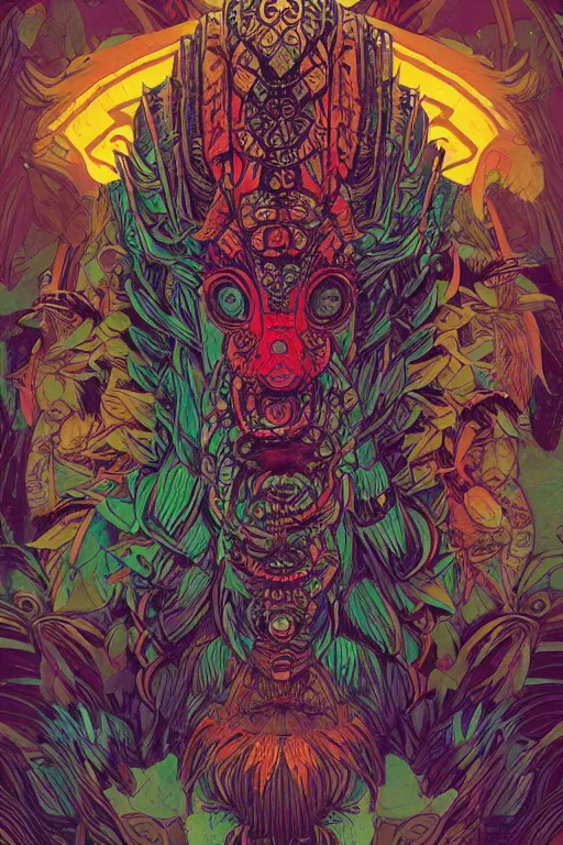 Image similar to totem animal tribal chaman vodoo mask feather gemstone plant video game illustration vivid color borderlands and by feng zhu and loish and laurie greasley, victo ngai, andreas rocha, john harris radiating a glowing aura