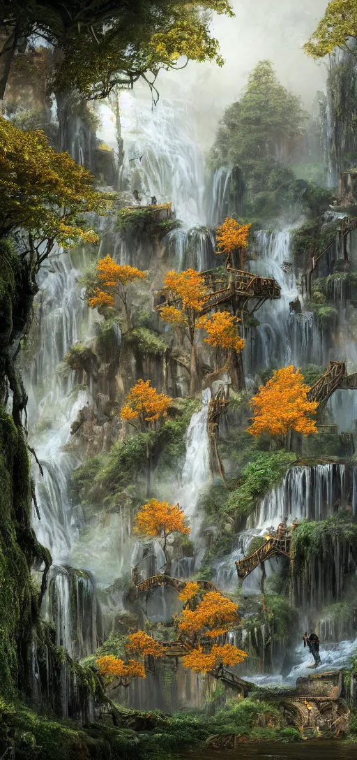 Prompt: a wooden elven City with golden roofs, with arches and bridges on top of a WATERFALL in the fall , gnarly trees, lush vegetation, forrest, a small stream runs beneath the waterfall, landscape, raphael lacoste, eddie mendoza, alex ross, concept art, matte painting, highly detailed, rule of thirds, dynamic lighting, cinematic, detailed, denoised, centerd