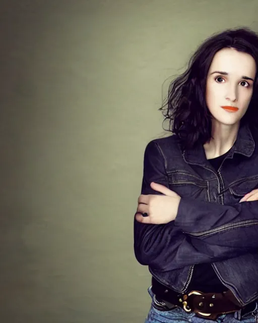 Image similar to headshot of young winona ryder, wearing a black bleather jacket, tom waits t - shirt and blue jeans with a belt, photoshoot in the style of annie leibovitz, soft focus, bokeh