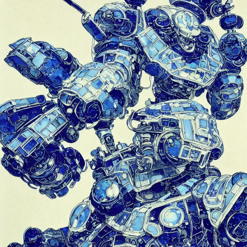 Image similar to a close - up portrait of an ornate blue and white porcelain mecha made out of white vitrified translucent ceramic ; china. reflective detailed textures. gloomy black background. highly detailed fantasy science fiction painting by moebius, norman rockwell, frank frazetta, and syd mead. rich colors, high contrast. artstation