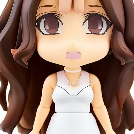 Prompt: nendoroid of a tan middle aged woman with dark long wavy hair, brown eyes, pink lipstick