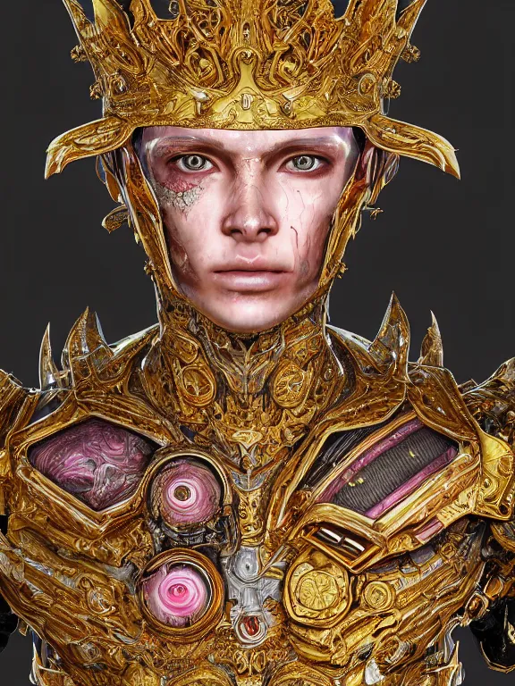 Image similar to portrait art of 8k ultra realistic golden eyed boy,intricate pink crown, detailed intricate ornate armour,decaying, cybernetic, full of colour, cinematic lighting, battered, trending on artstation, 4k, hyperrealistic, focused, extreme details,unreal engine 5, cinematic, masterpiece, art by ayami kojima, giger