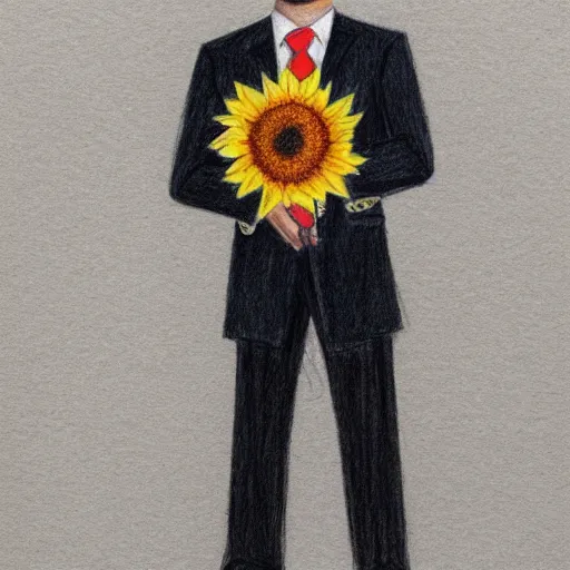 Prompt: full body shot of a man with a sunflower instead of a head wearing a business suit, color pencil sketch