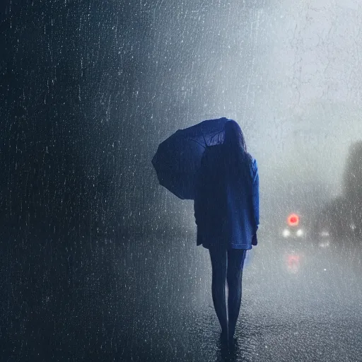 Image similar to distant view of person with shifting shades of dark blue hair standing in a downpour, wet hair, midnight, starry sky, bus station, 4 k resolution, inspired by studio ghibli