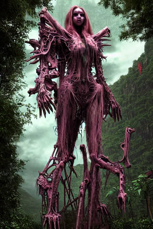 Prompt: post - gothic giant manananggal, exoskeleton armor screaming, dystopian ruins covered in vegetation, highly detailed smooth digital art masterpiece, vitaly bulgarov giger dramatic pink light, ground angle hd 8 k, sharp focus