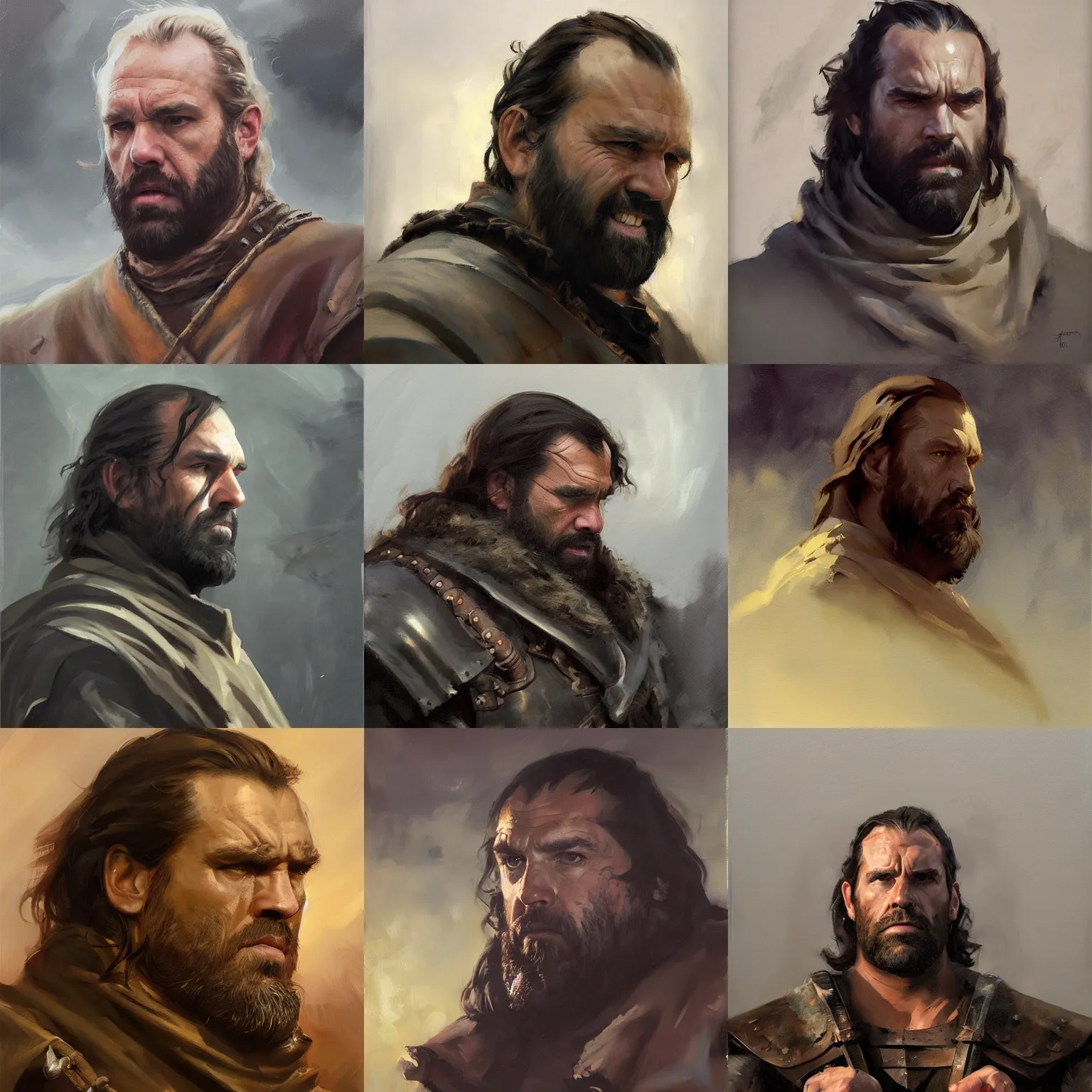 Prompt: greg manchess portrait painting of the hound from game of thrones, medium shot, asymmetrical, profile picture,, foggy day, matte painting, bold shapes, hard edges, by huang guangjian and gil elvgren and sachin teng