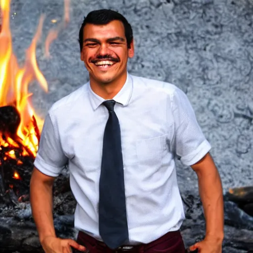 Image similar to photo of pedro sanchez very happy posing in front of a fire