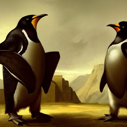 Prompt: penguin conquistadors in rome, artstation, history, nature, goya