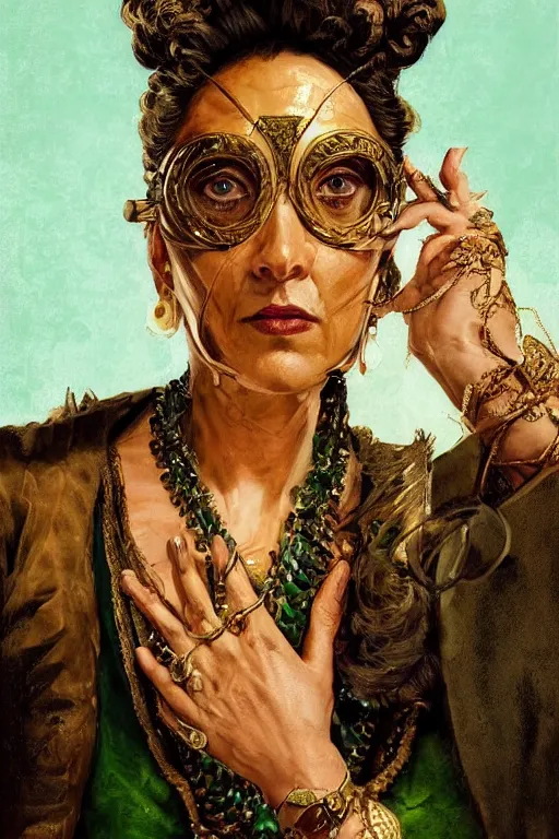 Prompt: portrait, headshot, digital painting, of a 17th century, beautiful, middle aged, middle eastern, wrinkles, decadent, cyborg noble woman, dark hair, amber jewels, baroque, ornate dark green opulent clothing, scifi, futuristic, realistic, hyperdetailed, concept art, dramatic backlighting, golden hour, cinestill, art by syd mead