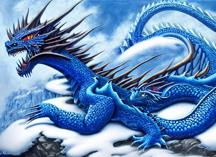 Prompt: a blue dragon laying in a hot spring, snowy alpine mountain landscape, rising steam, fantasy digital painting, stunning intricate details, artwork by todd lockwood