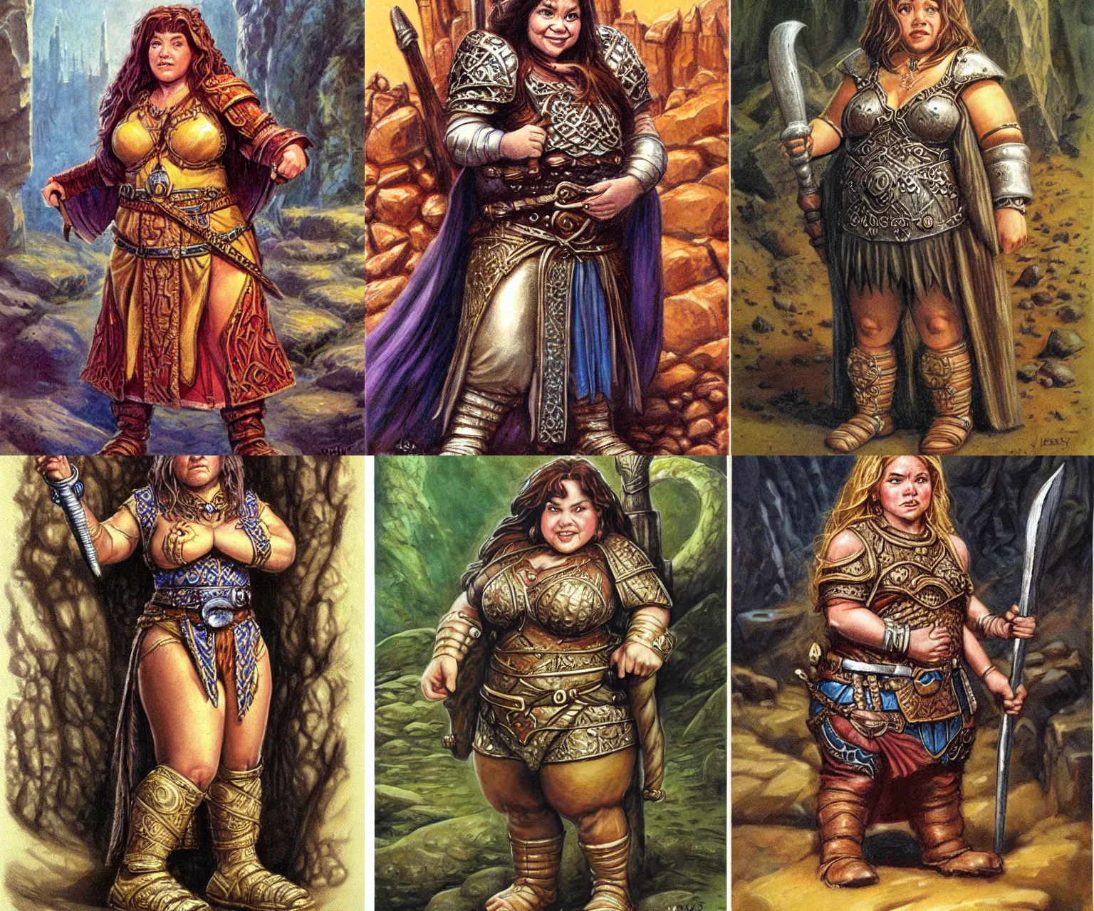 Prompt: female dwarven noblewoman, chubby short stature, neat intricate hair, by jeff easley