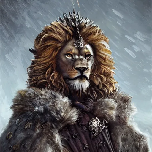 Image similar to Lion, Anthropomorphized, as warlord general on iron throne, magic the gathering artwork, D&D, fantasy, cinematic lighting, centered, symmetrical, highly detailed, digital painting, artstation, concept art, smooth, sharp focus, illustration, volumetric lighting, epic Composition, 8k, art by Akihiko Yoshida and Greg Rutkowski and Craig Mullins, heroic pose, oil painting, cgsociety, Battlefield background, explosions, arrows