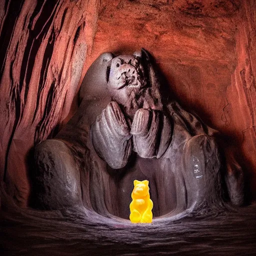 Image similar to a stunning image of a giant gummy bear on a pedestal, many people worshipping, dark cave like surrounding.