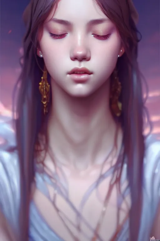 Prompt: beautiful digital painting of lalisa gray background with high detail, 8 k, stunning detail, photo by artgerm, greg rutkowski and alphonse mucha, unreal engine 5, 4 k uhd, ( eyes closed )