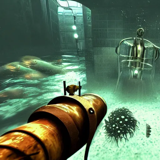 Image similar to rapture bioshock, city at sea floor, water, submerged, seaweed, fish, realistic, detailed, underwater, dark, underwater underwater underwater underwater underwater