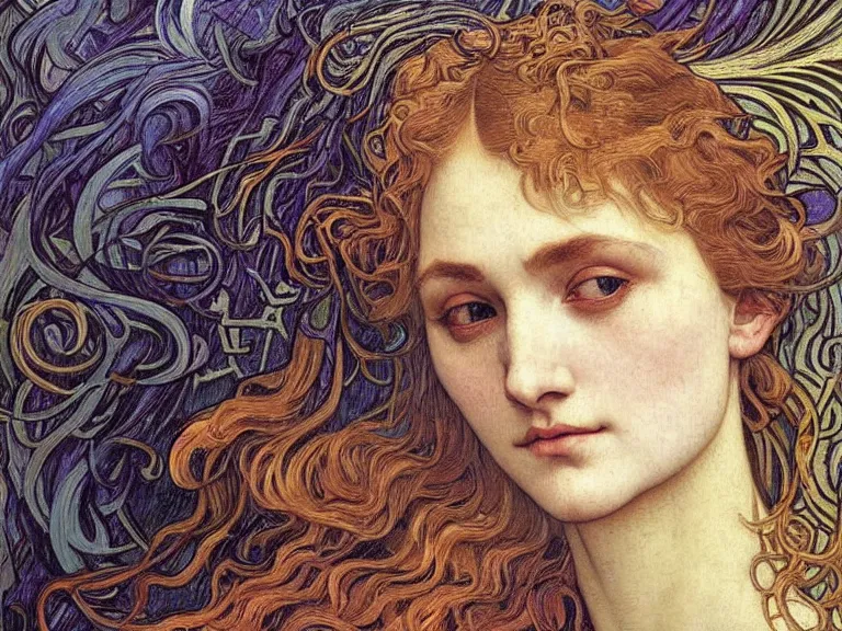 Image similar to detailed realistic beautiful young medieval queen face portrait by jean delville, alphonse mucha, vincent van gogh, and marco mazzoni, art nouveau, symbolist, visionary, gothic, pre - raphaelite