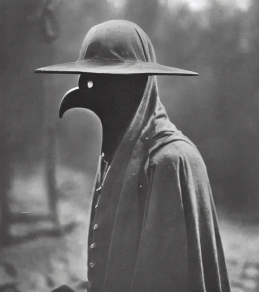 Image similar to a man at wearing plague doctor mask in distance, ww1 film photo, grainy, high detail, high resolution